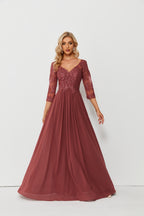 Wholesale Burgundy Lace Chiffon Evening Gown, 3/4 Sleeve 32688