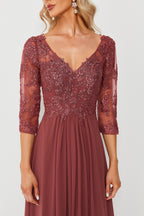 Wholesale Burgundy Lace Chiffon Evening Gown, 3/4 Sleeve 32688
