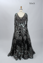 Black beaded tulle long-sleeve ball gown with plunging V-neck and full skirt