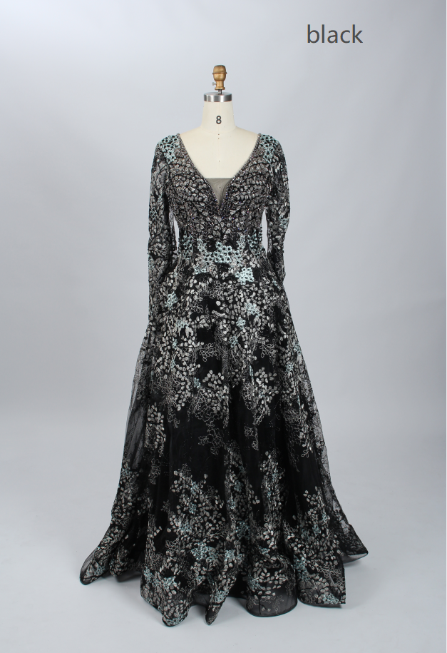 Black beaded tulle long-sleeve ball gown with plunging V-neck and full skirt