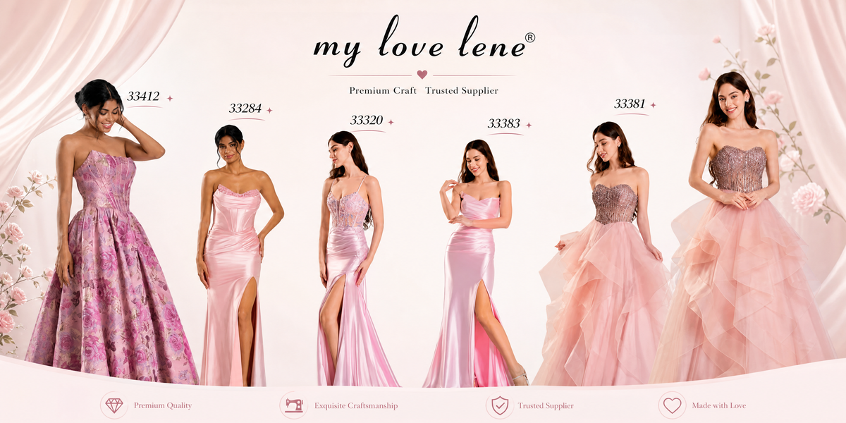 A collection of pink evening and prom dresses by Mylovelene. The image features six models wearing various styles, including a floral brocade ballgown (33412), pink satin mermaid dresses with high slits and corset-style bodices (33284, 33320, 33383), and voluminous ruffled tulle gowns with sequined tops (33381). The brand logo "mylovelene" is displayed at the top with the tagline "Premium Craft Trusted Supplier.