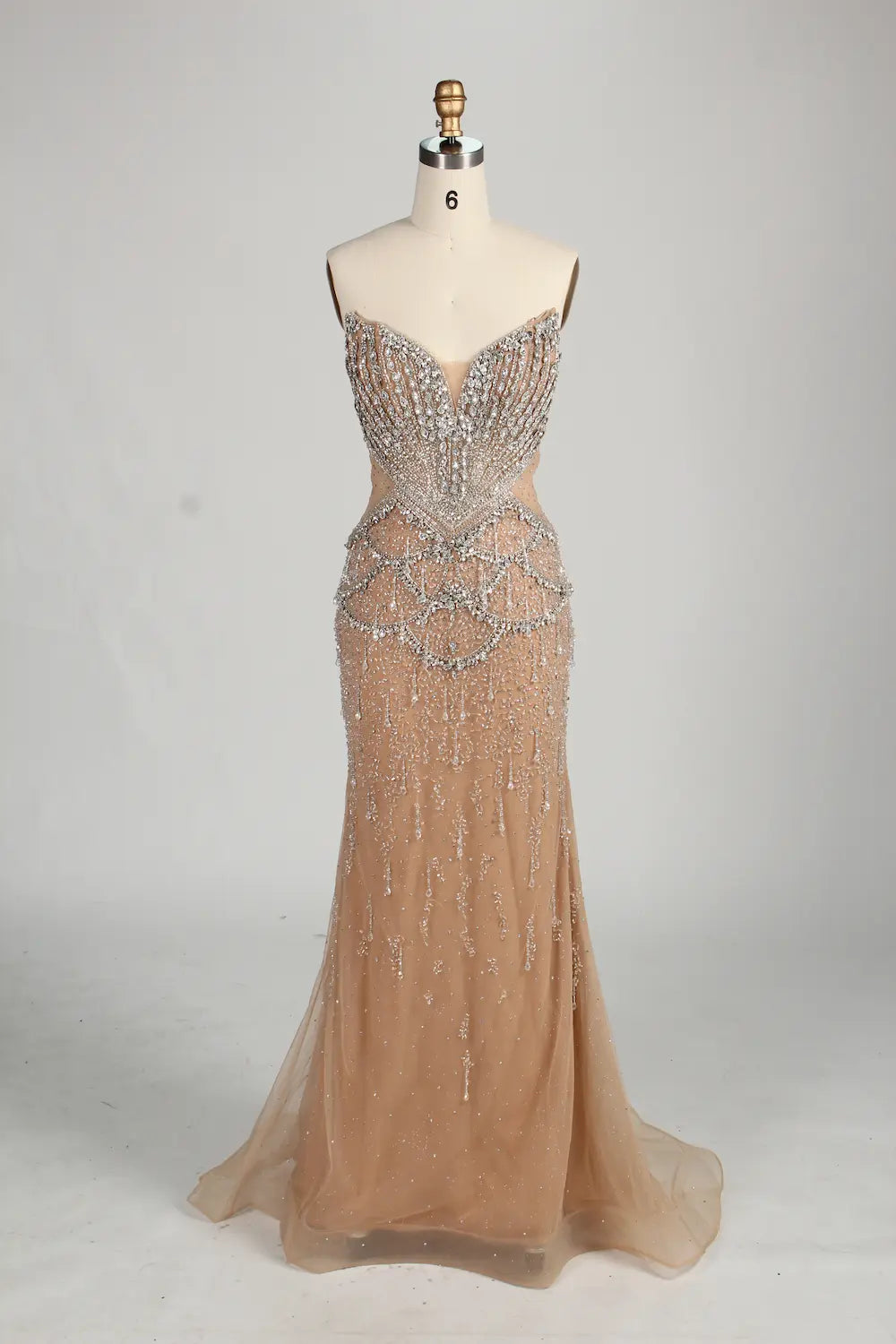 Champagne mermaid dress with beaded halter bodice and draped tulle skirt