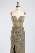 Luxury Sage Green All-Over Beaded Sequin Sheath Slit Evening Dress KY055