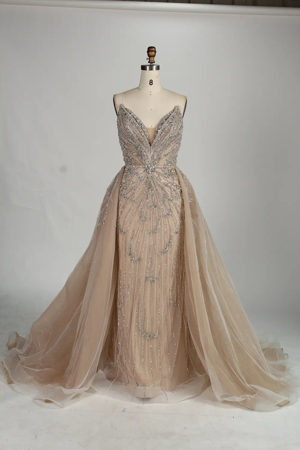 Champagne sweetheart beaded tulle mermaid dress with V neckline detail and layered train