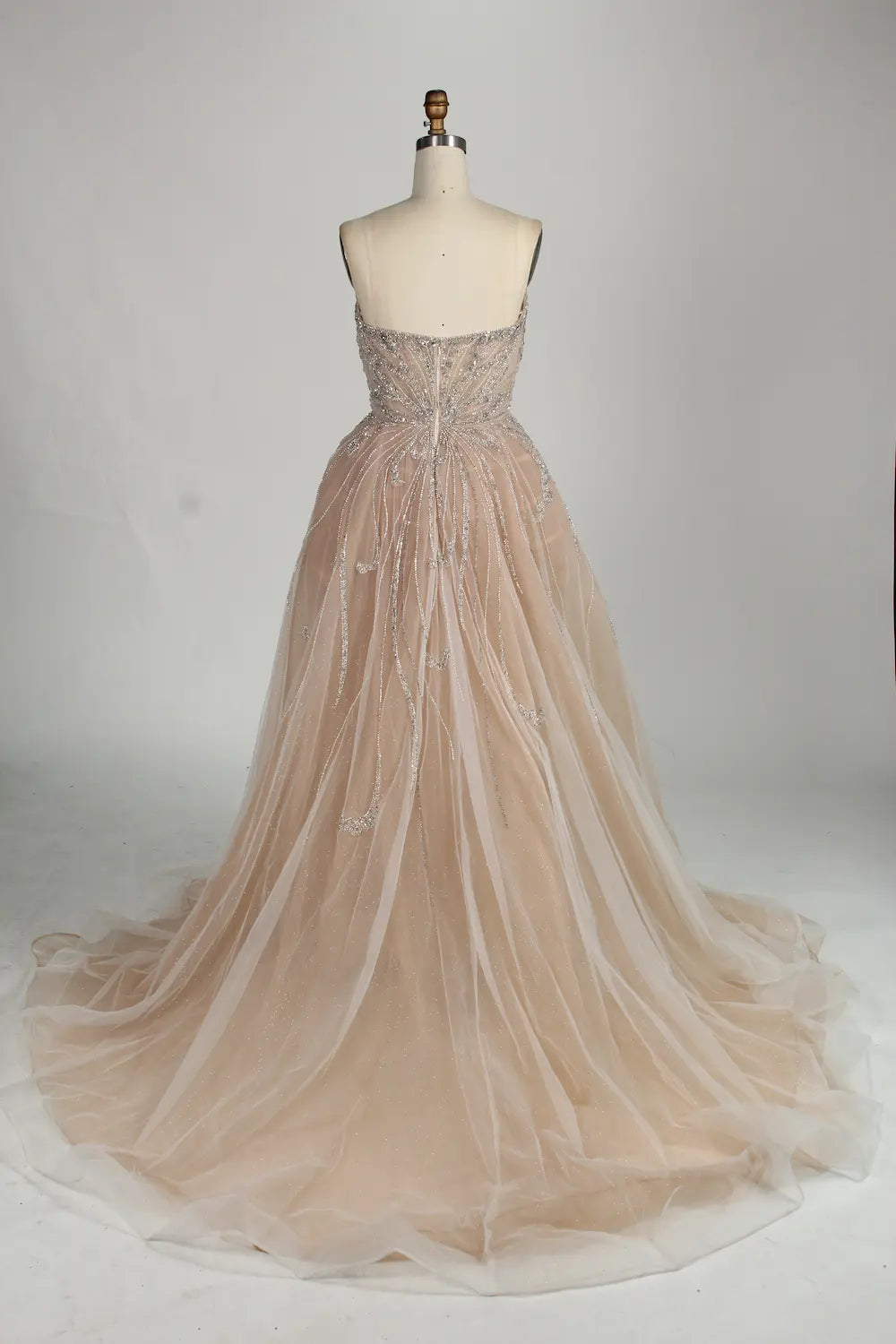 Champagne sweetheart beaded tulle mermaid dress with full tulle skirt and train