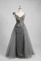 One Shoulder Gold Beaded Evening Dress with Ruffled Detailing MK140