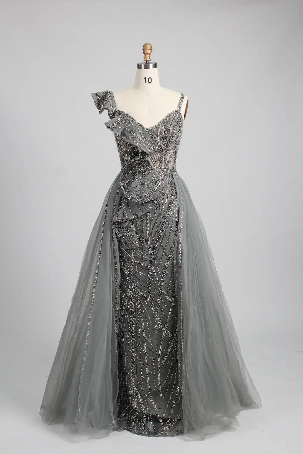 One Shoulder Gold Beaded Evening Dress with Ruffled Detailing MK140