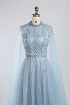 Beaded V-Neck A-Line Mother of the Bride Dress with Cape Sleeves Ky054