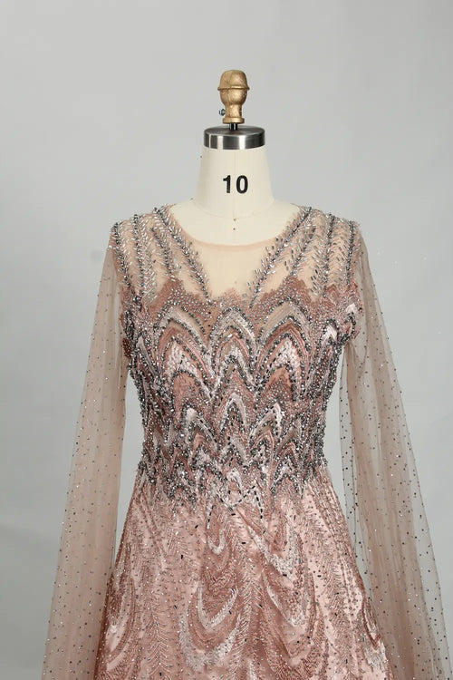 Blush pink sequin A-line mother of the bride dress, off-shoulder neckline