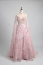 Blush pink high-neck A-line cape gown with crystal beadwork and sheer tulle cape