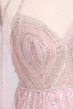 Crystal beaded heart-motif bodice on blush pink tulle A-line cape gown