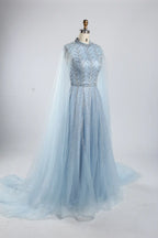 Light Blue High Neck Beaded Cape SleevesA-Line Mother of the Bride Dress KY054