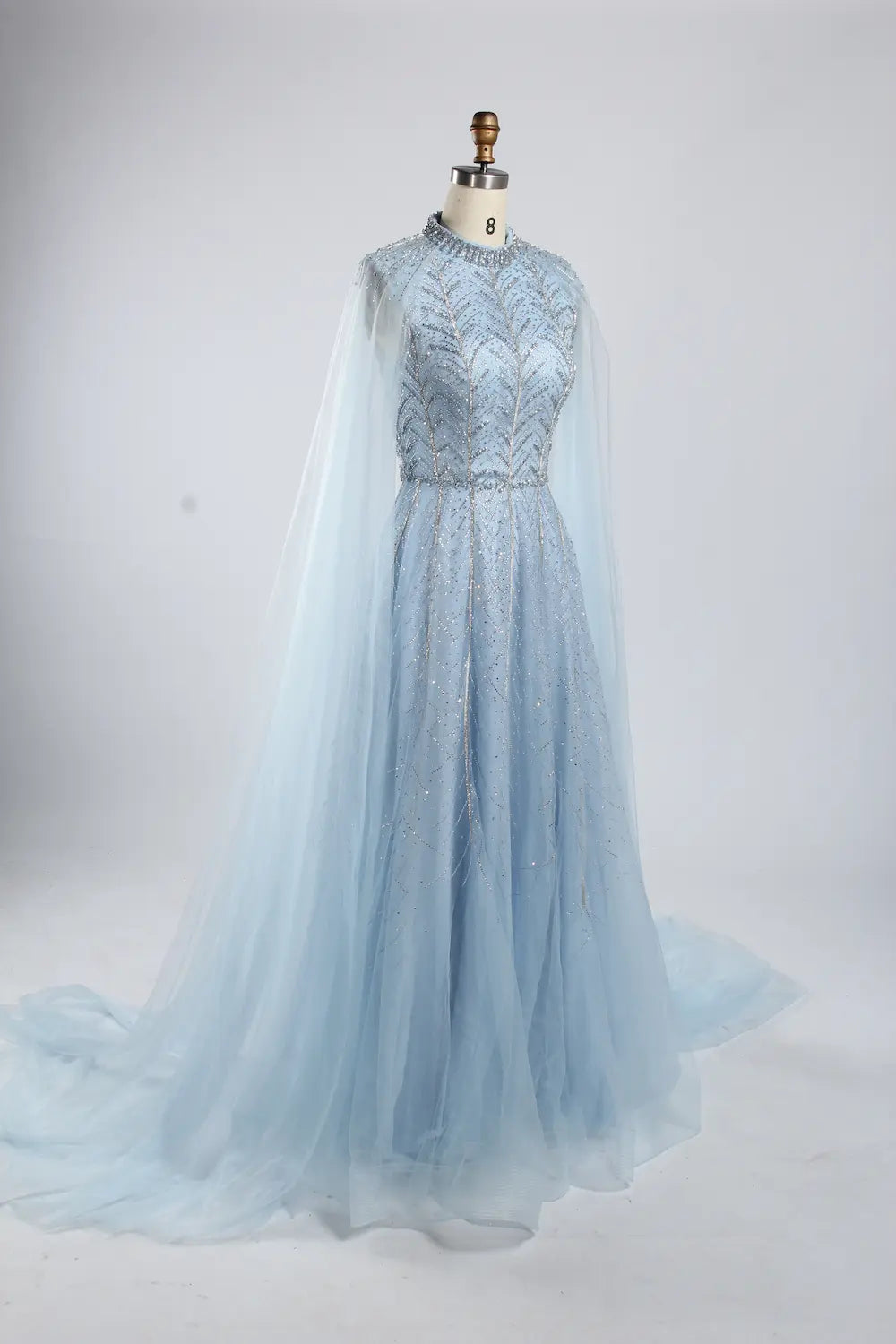 Light Blue High Neck Beaded Cape SleevesA-Line Mother of the Bride Dress KY054