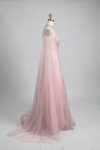 Blush pink A-line cape gown with long sheer cape and glittering bead trim
