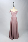 Wholesale Blush Off-Shoulder  Floral Appliques Lace Bridesmaid Gown 32666