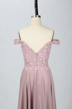 Wholesale Blush Off-Shoulder  Floral Appliques Lace Bridesmaid Gown 32666