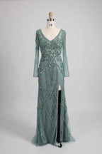 Teal beaded tulle long gown with V-neck and diamond-pattern bead detailing