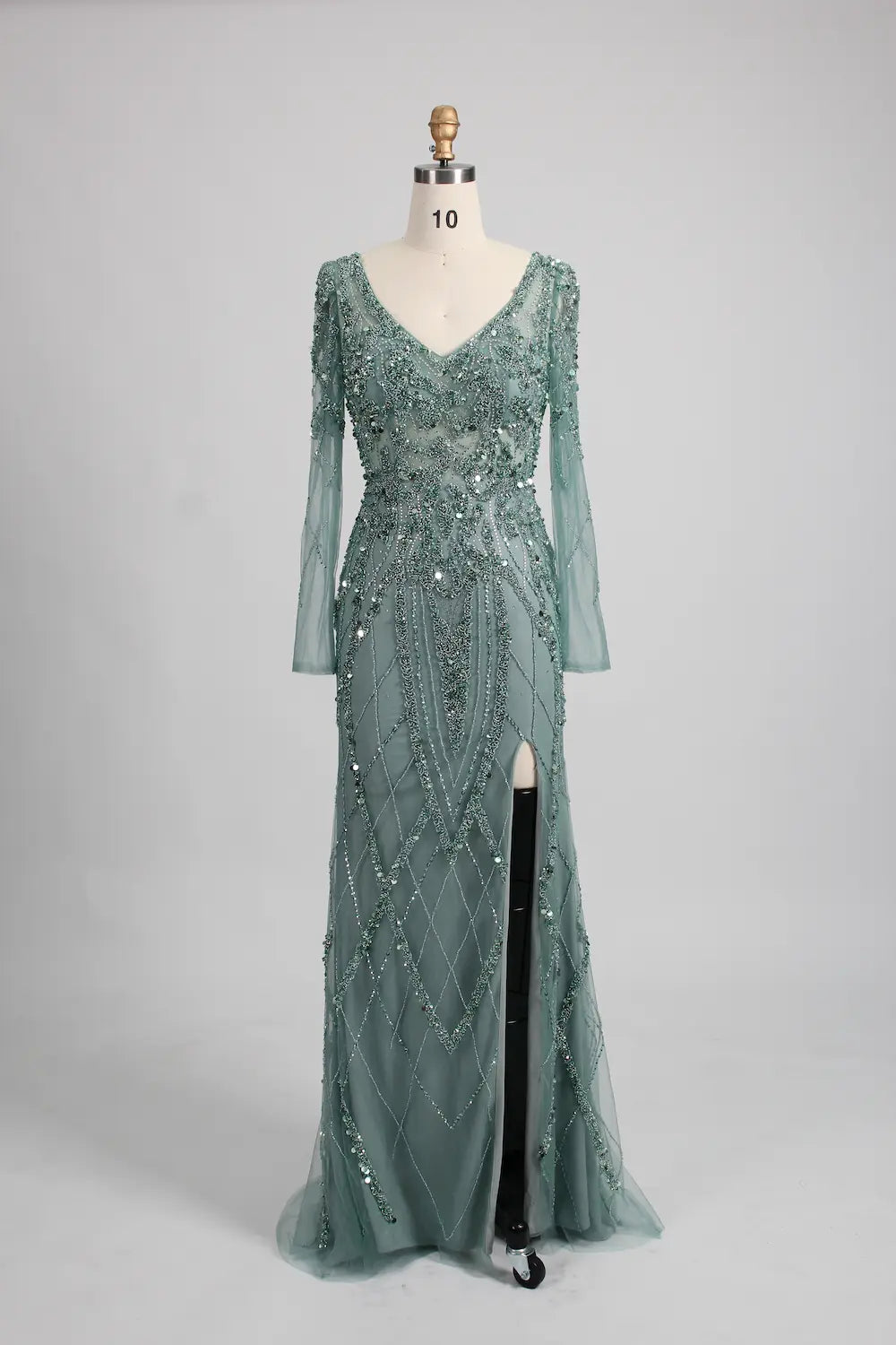 Teal beaded tulle long gown with V-neck sheer sleeves and flowing train
