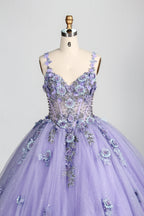 Wholesale Lilac Spaghetti Strap Quinceañera Dress 3D Floral Appliqués Glitter Ball Gown 3374