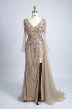 Champagne beaded tulle long dress with V-neck sheer sleeves and side slit