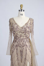 Champagne sequin beaded V-neck long dress with sheer long sleeves