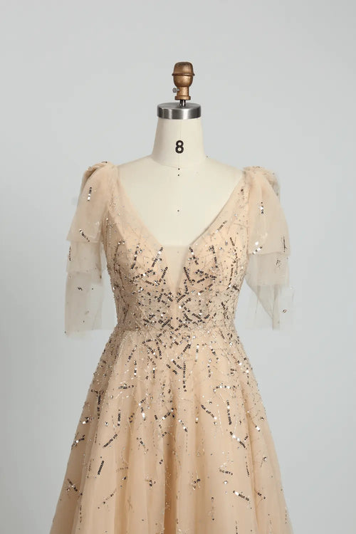 Champagne V-neck mother-of-the-bride dress with beaded short sleeves and sequin bodice