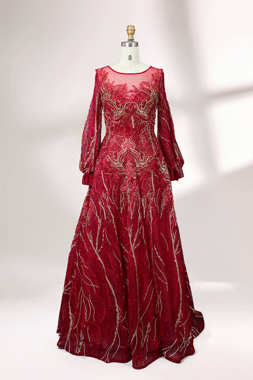 Wine red full-length evening gown with long sleeves and shimmering beaded lace texture