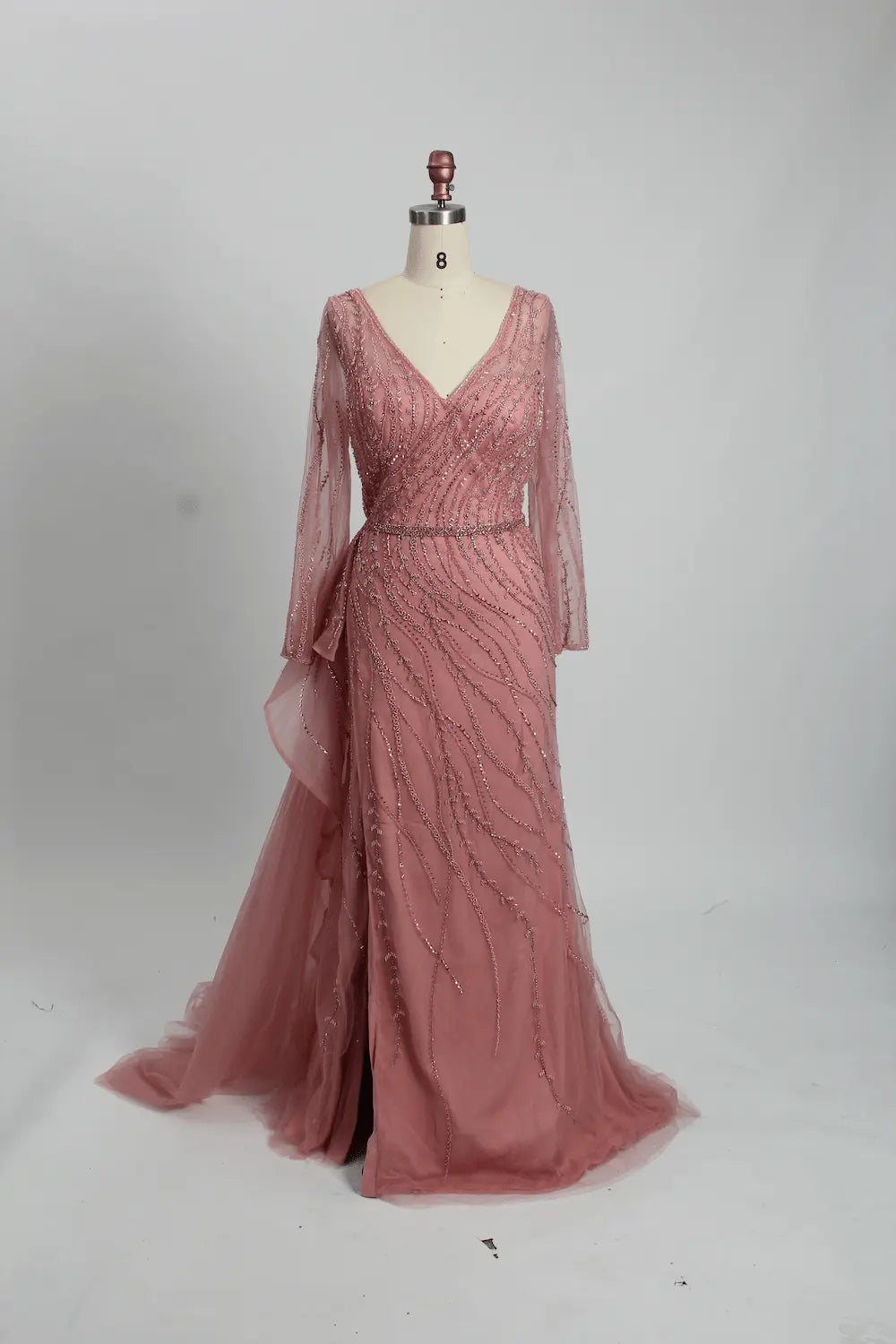 V-Neck Ruched A-Line Mother of the Bride Dress with Long Sleeves MC095