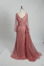V-Neck Ruched A-Line Mother of the Bride Dress with Long Sleeves MC095