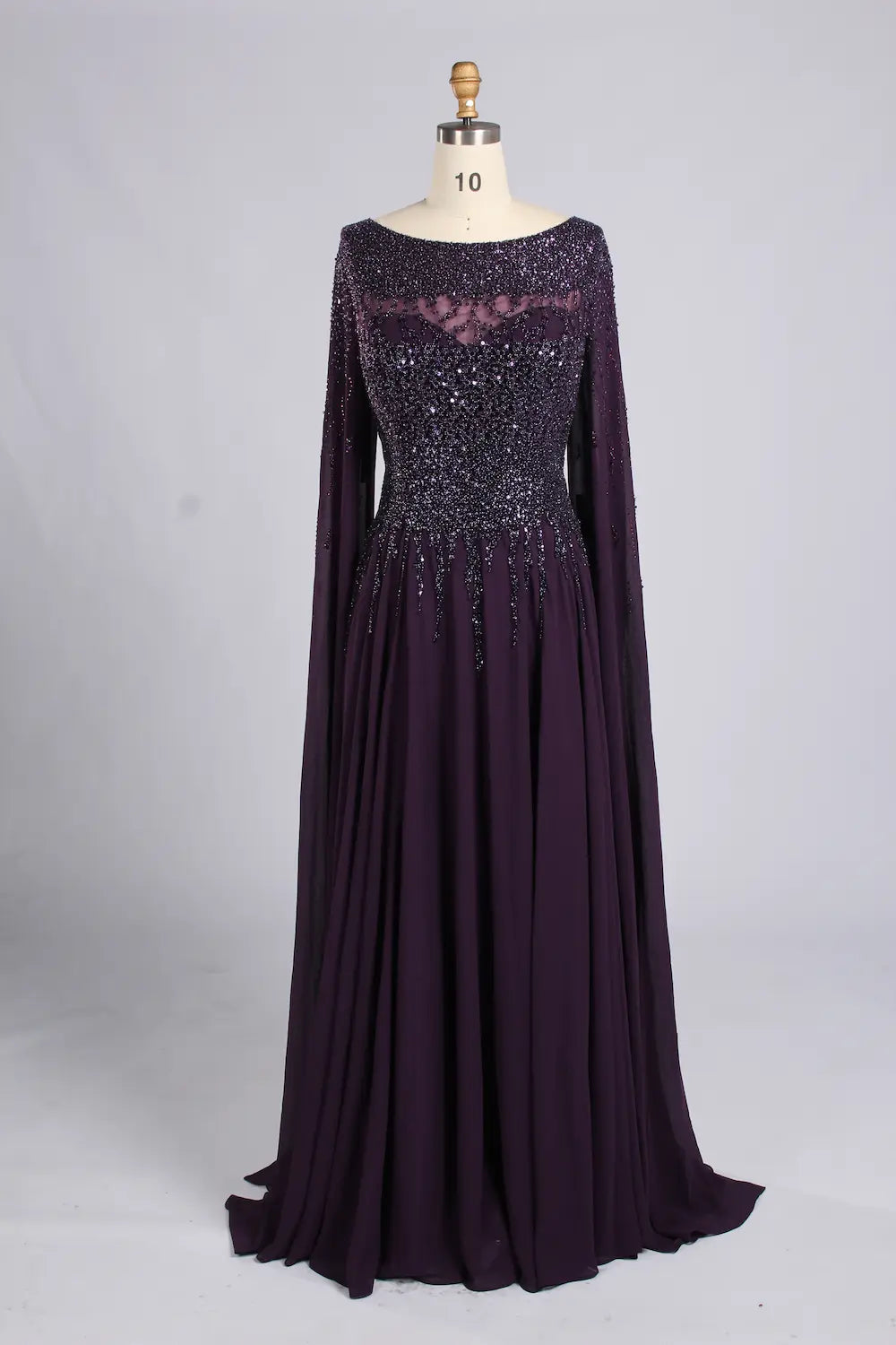 Dark Purple Beaded Cape Sleeves Chiffon A-Line Mother of the Bride Dress MC166