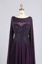 Dark Purple Beaded Cape Sleeves Chiffon A-Line Mother of the Bride Dress MC166