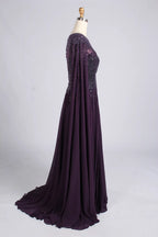 Dark Purple Beaded Cape Sleeves Chiffon A-Line Mother of the Bride Dress MC166