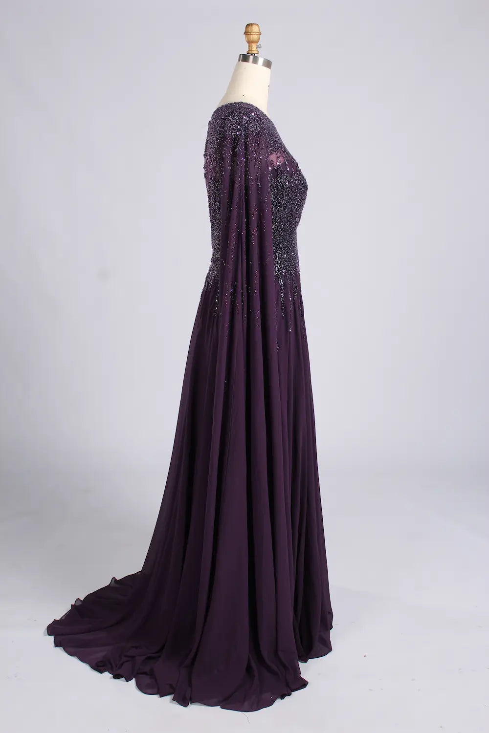 Dark Purple Beaded Cape Sleeves Chiffon A-Line Mother of the Bride Dress MC166