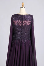 Dark Purple Beaded Cape Sleeves Chiffon A-Line Mother of the Bride Dress MC166