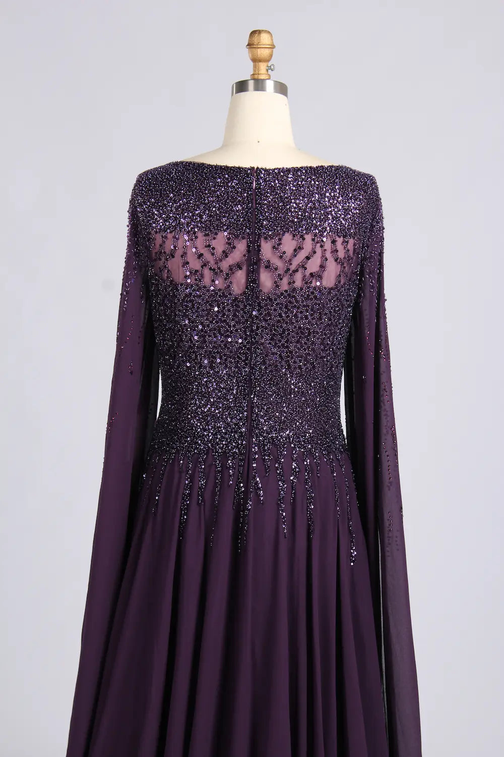 Dark Purple Beaded Cape Sleeves Chiffon A-Line Mother of the Bride Dress MC166
