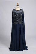 Navy A-line chiffon mother-of-the-bride dress with beaded V-neck bodice and cape sleeves