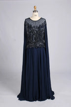Navy A-line chiffon mother-of-the-bride dress with beaded V-neck bodice and cape sleeves