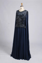 Navy A-line chiffon gown with embellished scoop neckline and long sleeves