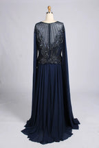 Navy A-line chiffon gown with beaded back yoke and long sleeves