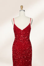 photograph of a mannequin wearing a red sequin evening gown, full-length, floor-length, sleeveless, V-neck, fitted bodice, flared skirt, glossy texture, elegant, glamorous, fashion, studio lighting, white background, soft shadows, high-end fashion, no accessories, no jewelry, no shoes, no face, no hair, no makeup, no background details, simple composition, focus on dress, no people, no textures, no patterns, no objects.06