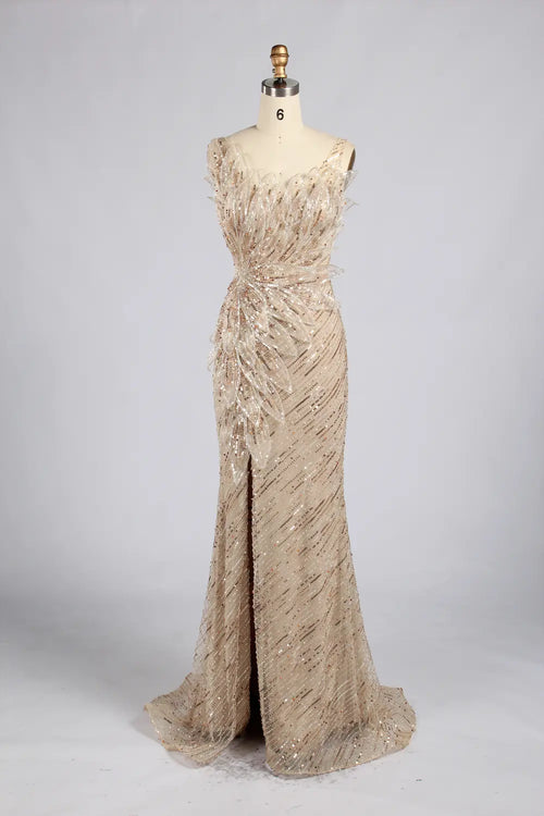Champagne beaded sequin evening dress with off-shoulder neckline and front slit