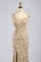 Elegant Champagne Long Beaded Sequin Slit Evening Dress MC181