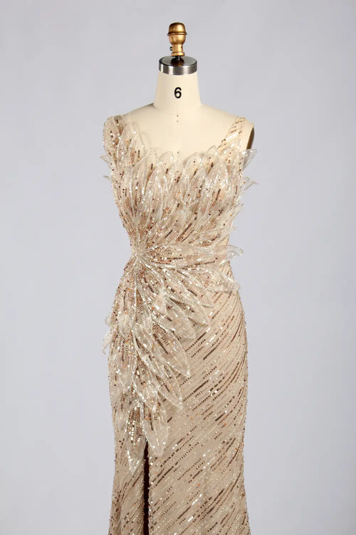 Champagne beaded sequin evening dress with off-shoulder draped bodice and side slit