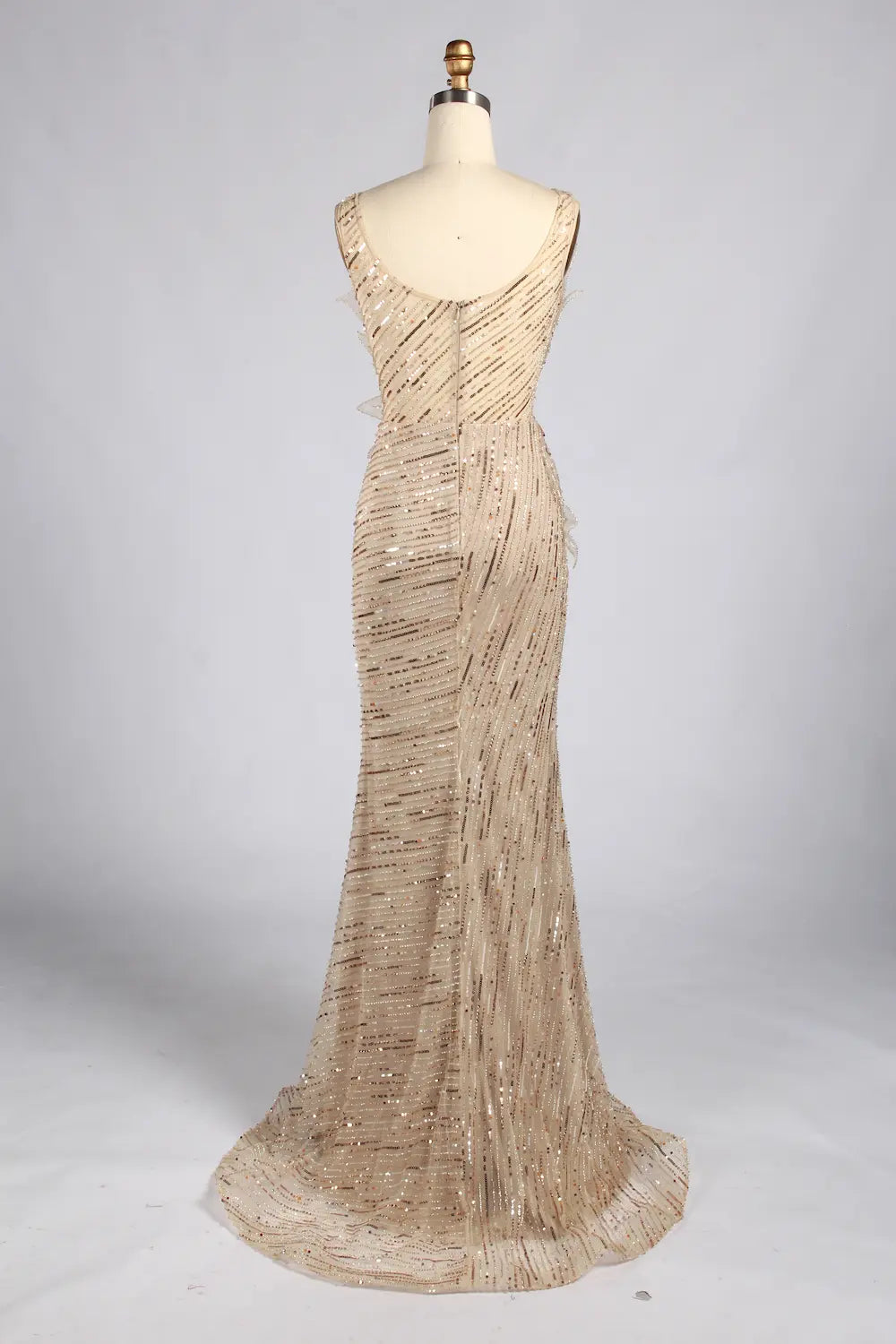 Elegant Champagne Long Beaded Sequin Slit Evening Dress MC181