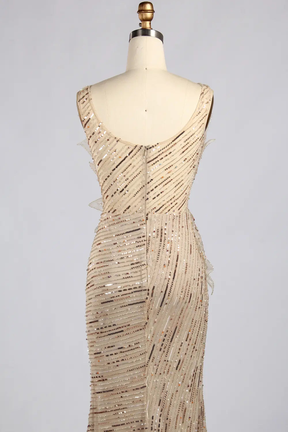 Elegant Champagne Long Beaded Sequin Slit Evening Dress MC181