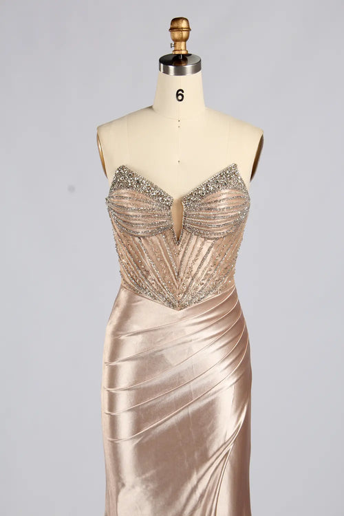 Champagne strapless satin mermaid gown with sparkling beaded corset bodice