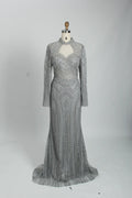 Beaded Fit-and-Flare Mother of the Bride Dress with Long Sleeves MK097