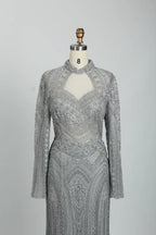 Beaded Fit-and-Flare Mother of the Bride Dress with Long Sleeves MK097