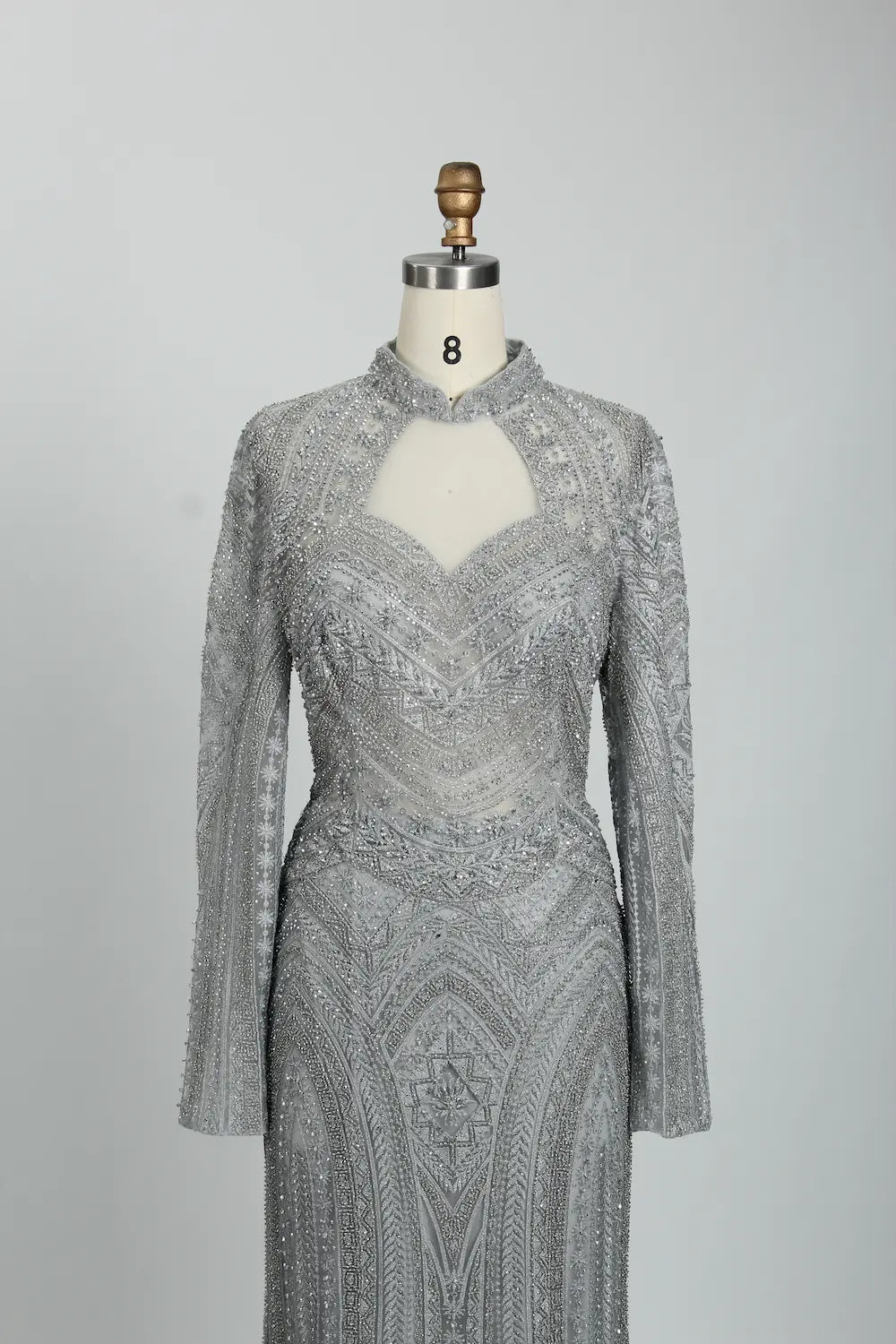 Beaded Fit-and-Flare Mother of the Bride Dress with Long Sleeves MK097