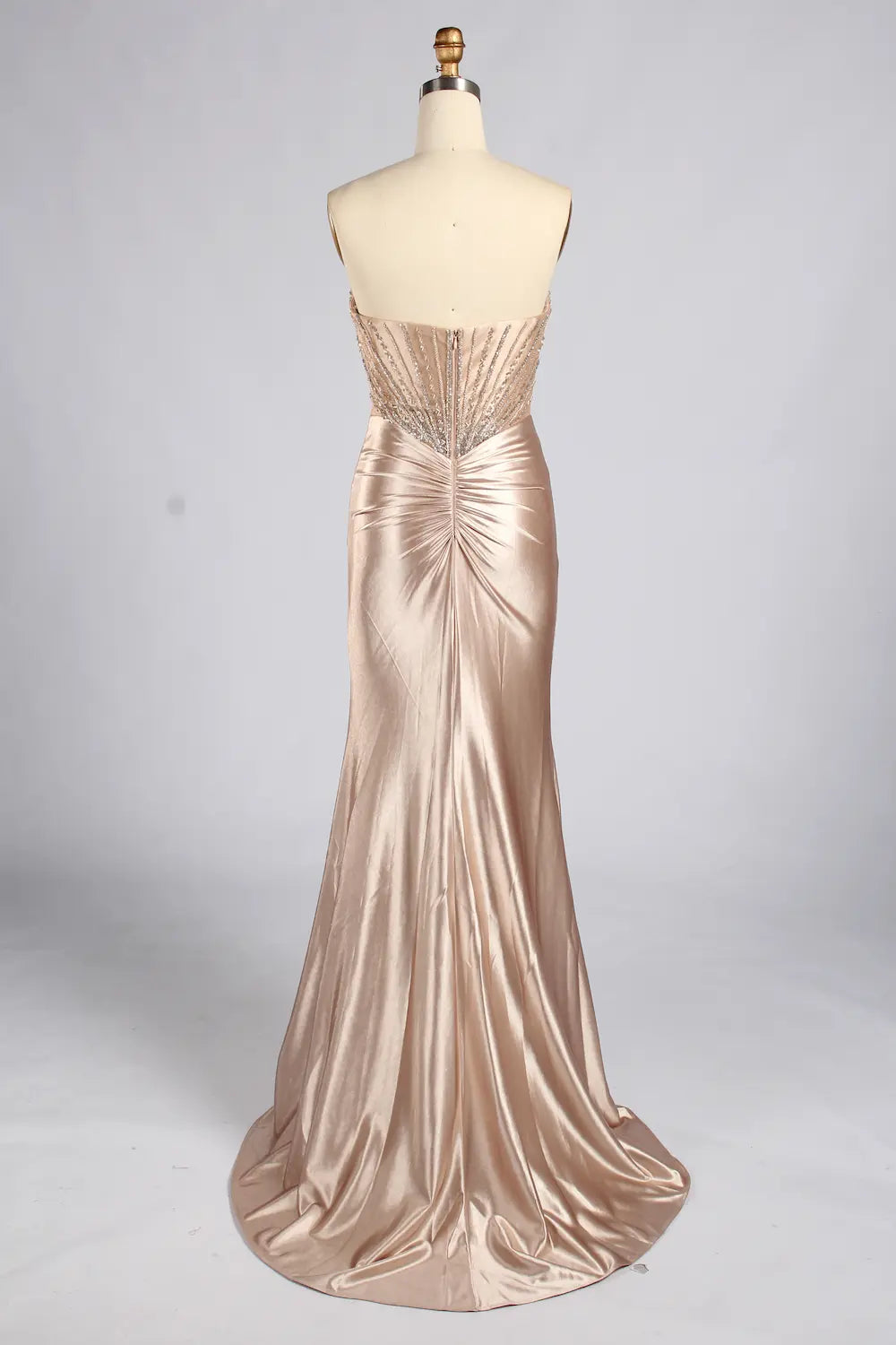 Champagne Beaded Strapless Satin Slit Mermaid Evening Gown MC185